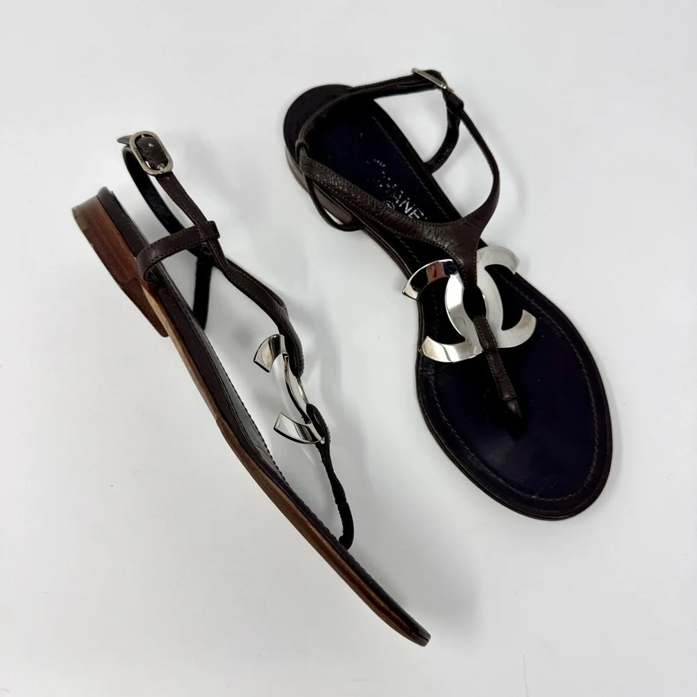 Chanel Dark Brown Leather Silver CC Logo T-Strap Thong Sandals